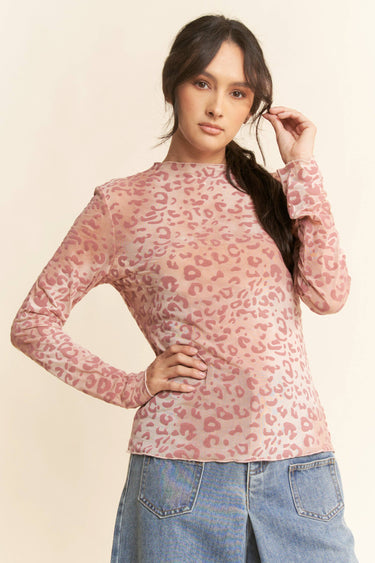 Women’s pink leopard print long sleeve mesh top